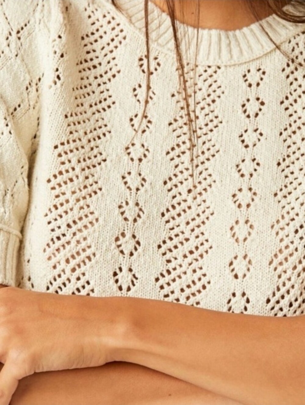 Free People Cream Pointelle Short-Sleeve Knit Sweater - Picture 4 of 5